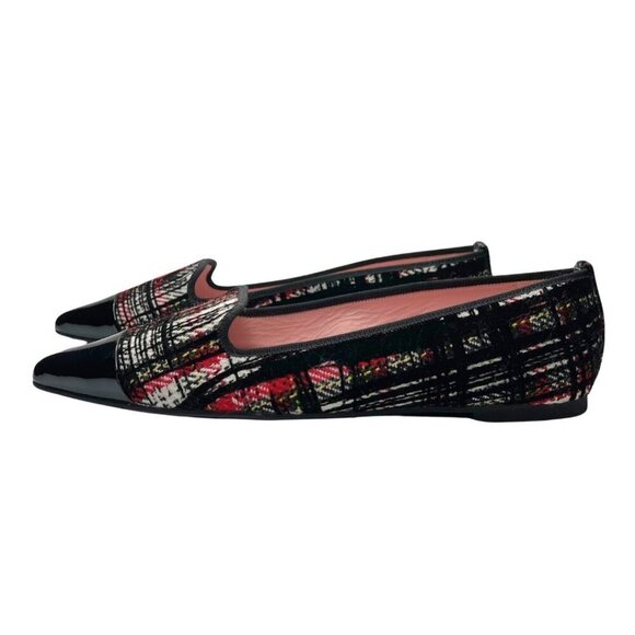 NWOT PRETTY BALLERINAS CAMILLE WOOL PLAID PATENT LEATHER POINTED TOE FLATS - 37 - Picture 1 of 11